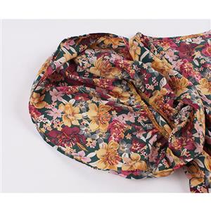Vintage Floral Print V Neck Flared Short Sleeve High Waist Belt Swing Long Dress N20828