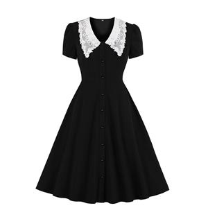 Vintage Doll Collar Short Sleeve Front Button High Waist Contrast Color Swing Dress N21351