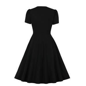 Vintage Doll Collar Short Sleeve Front Button High Waist Contrast Color Swing Dress N21351