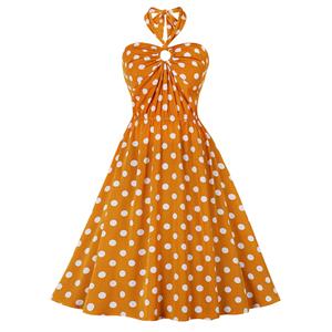 Vintage Sweetheart Neck Halter Backless Polka Dots Knee-length Summer Day Swing Dress N21750