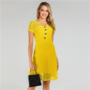 Vintage Women's Yellow Hollow Short Sleeve V-neck Fake Button Daily Dress N19504