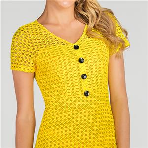 Vintage Women's Yellow Hollow Short Sleeve V-neck Fake Button Daily Dress N19504