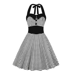 Vintage Houndstooth Sweetheart Neckline Strappy Halter Frock Summer Swing Dress N19199
