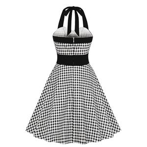 Vintage Houndstooth Sweetheart Neckline Strappy Halter Frock Summer Swing Dress N19199