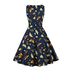 Vintage Insect Print Round Neckline Sleeveless High Waist Summer Cocktail Party Swing Dress N21860