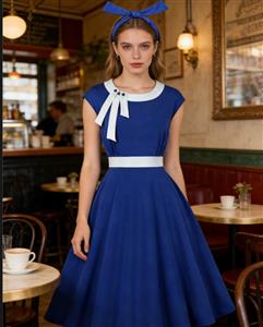 vintage style, light blue trim, side bow design, sleeveless, waist belt, flared A-line skirt, matching headband, elegant silhouette, round neck, sweet and playful #N23818