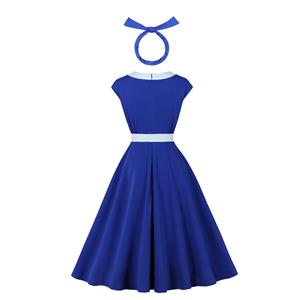 Vintage Inspired Blue A-Line Dress with Side Bow, Waist Belt, and Matching Headband N23818