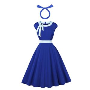 Vintage Inspired Blue A-Line Dress with Side Bow, Waist Belt, and Matching Headband N23818