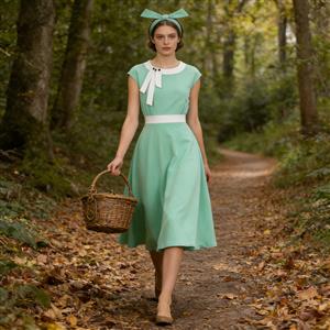 Vintage style, Mint green color, Short sleeve, White collar and belt, Decorative bow with black buttons, Flared A-line skirt, Matching headband included, Comfortable fabric, Perfect for themed events, Easy-to-wear classic design #N23819