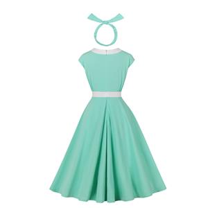 Vintage Mint Green Short Sleeve Dress with White Bow and Matching Headband, A-Line Retro Flared SkirtN23819