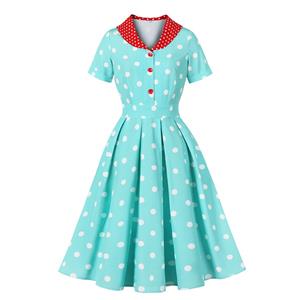 Vintage polka dot dress, Retro A-line dress, Teal green dress, Red collar dress, 1950s style dress, Swing dress, Rockabilly dress, Pin up fashion, Tea length dress, Retro party dress #N237835