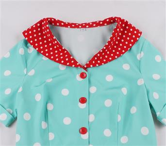 Vintage-Inspired Teal Polka Dot Dress with Contrast Red Collar - Retro A-Line Swing Dress N237835
