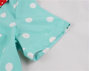 Vintage-Inspired Teal Polka Dot Dress with Contrast Red Collar - Retro A-Line Swing Dress N237835