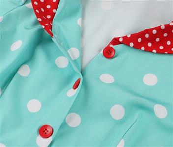 Vintage-Inspired Teal Polka Dot Dress with Contrast Red Collar - Retro A-Line Swing Dress N237835
