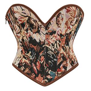 Vintage corset, jacquard bustier, heart neckline, leather trim corset, front lace-up top, retro shapewear, steampunk fashion, themed party top, adjustable waist cincher, boned bustier #N237844