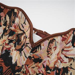 Vintage Jacquard Corset Top - Heart-shaped Neckline with Leather Trim and Front Lace-up N237844