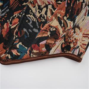 Vintage Jacquard Corset Top - Heart-shaped Neckline with Leather Trim and Front Lace-up N237844