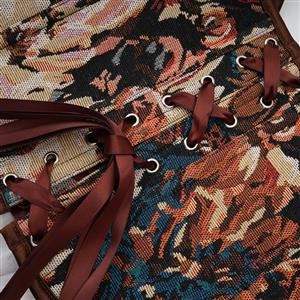 Vintage Jacquard Corset Top - Heart-shaped Neckline with Leather Trim and Front Lace-up N237844