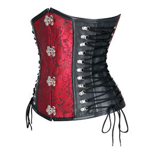 Steampunk Red Jacquard Black PU Panel Steel Boned Cincher Underbust Corset N19392