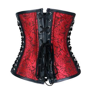 Steampunk Red Jacquard Black PU Panel Steel Boned Cincher Underbust Corset N19392