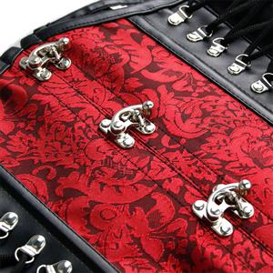 Steampunk Red Jacquard Black PU Panel Steel Boned Cincher Underbust Corset N19392