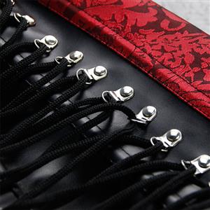 Steampunk Red Jacquard Black PU Panel Steel Boned Cincher Underbust Corset N19392