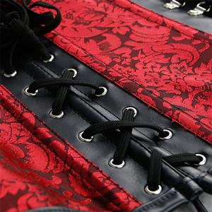 Steampunk Red Jacquard Black PU Panel Steel Boned Cincher Underbust Corset N19392