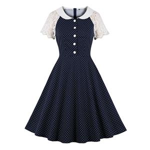 1950's Vintage Lapel Floral Lace Sleeves Polka Dots High Waist Daily Casual Swing Dress N21497