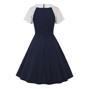 1950's Vintage Lapel Floral Lace Sleeves Polka Dots High Waist Daily Casual Swing Dress N21497