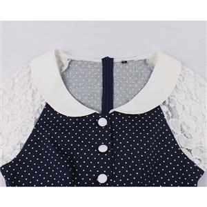 1950's Vintage Lapel Floral Lace Sleeves Polka Dots High Waist Daily Casual Swing Dress N21497