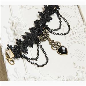 Vintage Gothic Black Lace Wristband Crystal Heart Embellishment Bracelet J17855