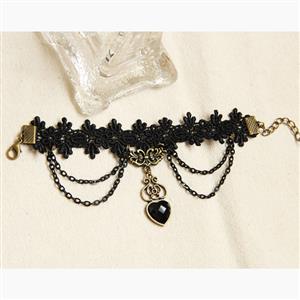 Vintage Gothic Black Lace Wristband Crystal Heart Embellishment Bracelet J17855