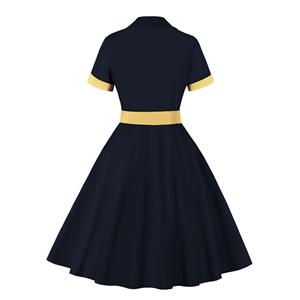 1960s Retro Solid Color Lapel Short Sleeves High Waist Cocktail Swing Dress With Belt N21713