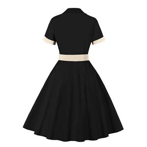 1960s Retro Solid Color Lapel Short Sleeves High Waist Cocktail Swing Dress With Belt N21714