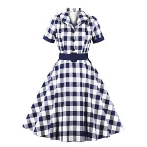 Vintage Cocktail Party Dress, Vintage Dresses for Women, Sexy Dresses for Women Cocktail Party, Vintage High Waist Dress, Short Sleeves Swing Daily Dress, Vintage Plaid Printed Swing Dress, #N21714