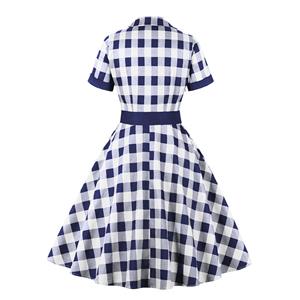 1960s Retro Blue and White Plaid Lapel Short Sleeves High Waist Swing Dress With Belt N21715