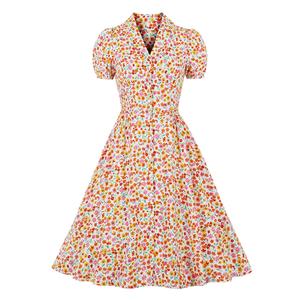 Vintage Floral Print Lapel Puff Sleeve Front Button High Waist Rockabilly Daily A-line Dress N22107