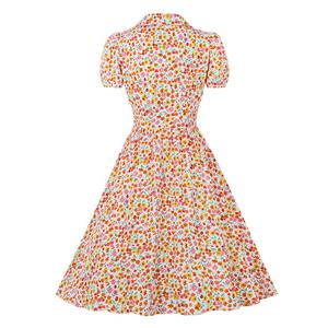 Vintage Floral Print Lapel Puff Sleeve Front Button High Waist Rockabilly Daily A-line Dress N22107