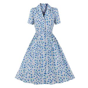 Vintage Floral Print Lapel Short Sleeve Front Button High Waist Rockabilly Daily Swing Dress N22108