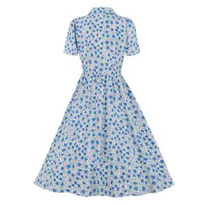 Vintage Floral Print Lapel Short Sleeve Front Button High Waist Rockabilly Daily Swing Dress N22108