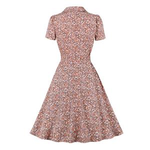 Retro Floral Print Lapel Tie Collar Short Sleeve High Waist Rockabilly Daily Swing Dress N22109