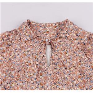 Retro Floral Print Lapel Tie Collar Short Sleeve High Waist Rockabilly Daily Swing Dress N22109