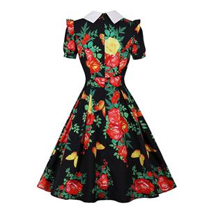 Vintage Floral Print Lapel Short Sleeve High Waist Summer Cocktail Midi Dress N22200