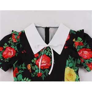 Vintage Floral Print Lapel Short Sleeve High Waist Summer Cocktail Midi Dress N22200