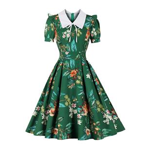 Vintage Floral Print Lapel Short Sleeve High Waist Summer Cocktail Midi Dress N22201