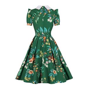 Vintage Floral Print Lapel Short Sleeve High Waist Summer Cocktail Midi Dress N22201