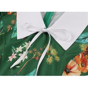 Vintage Floral Print Lapel Short Sleeve High Waist Summer Cocktail Midi Dress N22201