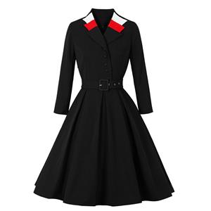 Elegant Lapel Front Button Long Sleeves High Waist Belted Vintage Fall/Winter Midi Dress N21501