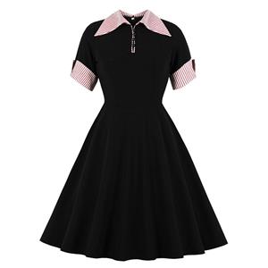 Vintage Turn-down Collar Front Button Set-in Short Sleeve A-line Swing Dress N19803