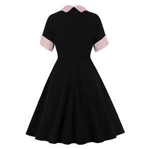 Vintage Turn-down Collar Front Button Set-in Short Sleeve A-line Swing Dress N19803